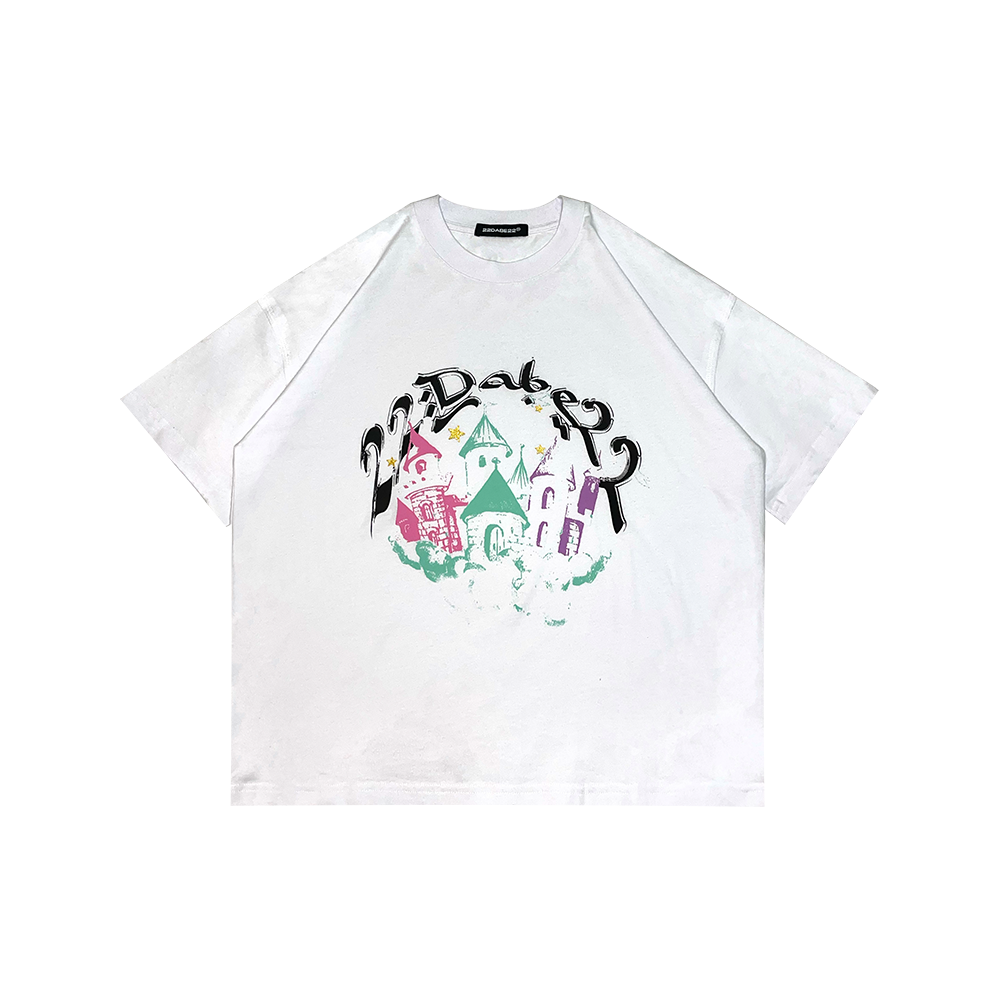 A white oversized streetwear shirt with a distressed effect, featuring a five-coloured screen print of a castle at the front. Made from premium 100% cotton, the shirt is unisex and perfect for any occasion.